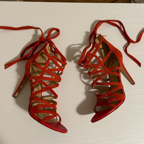 Sam Edelman Alba Red Suede Leather Strappy Caged Open Toe High Heel Sandals 9 - Picture 7 of 13